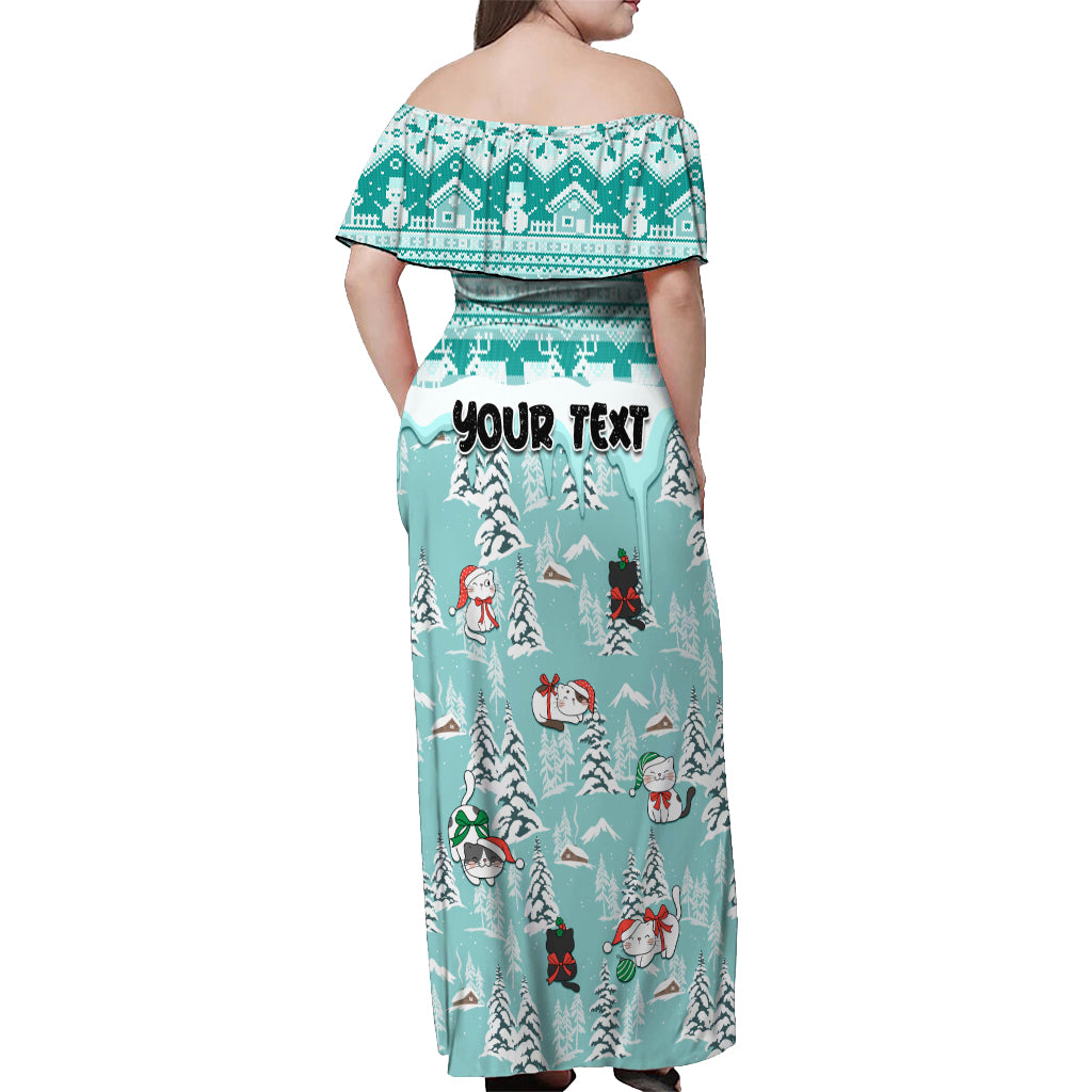Custom Cat Christmas Off Shoulder Maxi Dress Cat With Snowman In Winter Scene - Wonder Print Shop