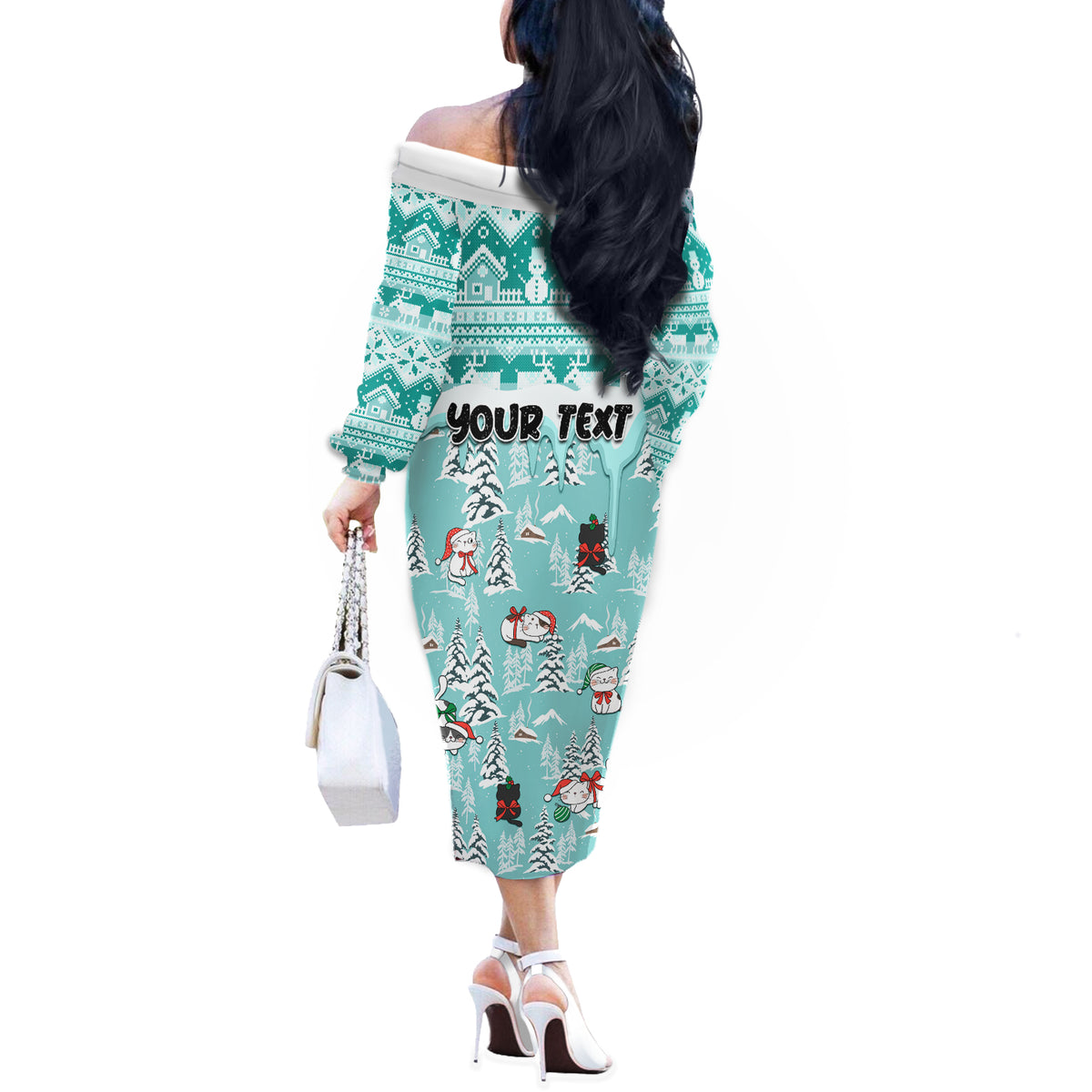 Custom Cat Christmas Off The Shoulder Long Sleeve Dress Cat With Snowman In Winter Scene - Wonder Print Shop