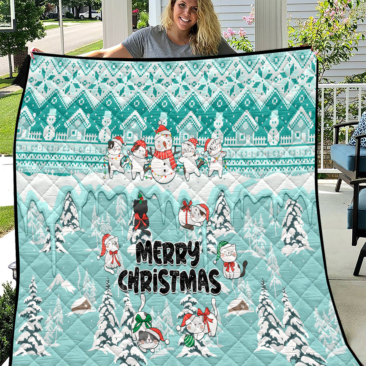 Custom Cat Christmas Quilt Cat With Snowman In Winter Scene - Wonder Print Shop