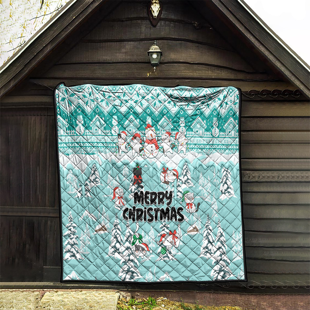 Custom Cat Christmas Quilt Cat With Snowman In Winter Scene - Wonder Print Shop