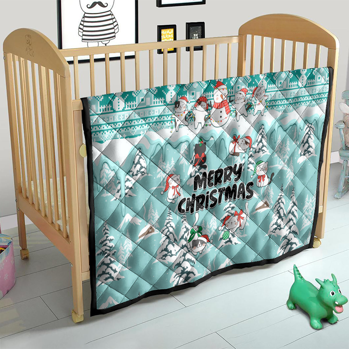 Custom Cat Christmas Quilt Cat With Snowman In Winter Scene - Wonder Print Shop