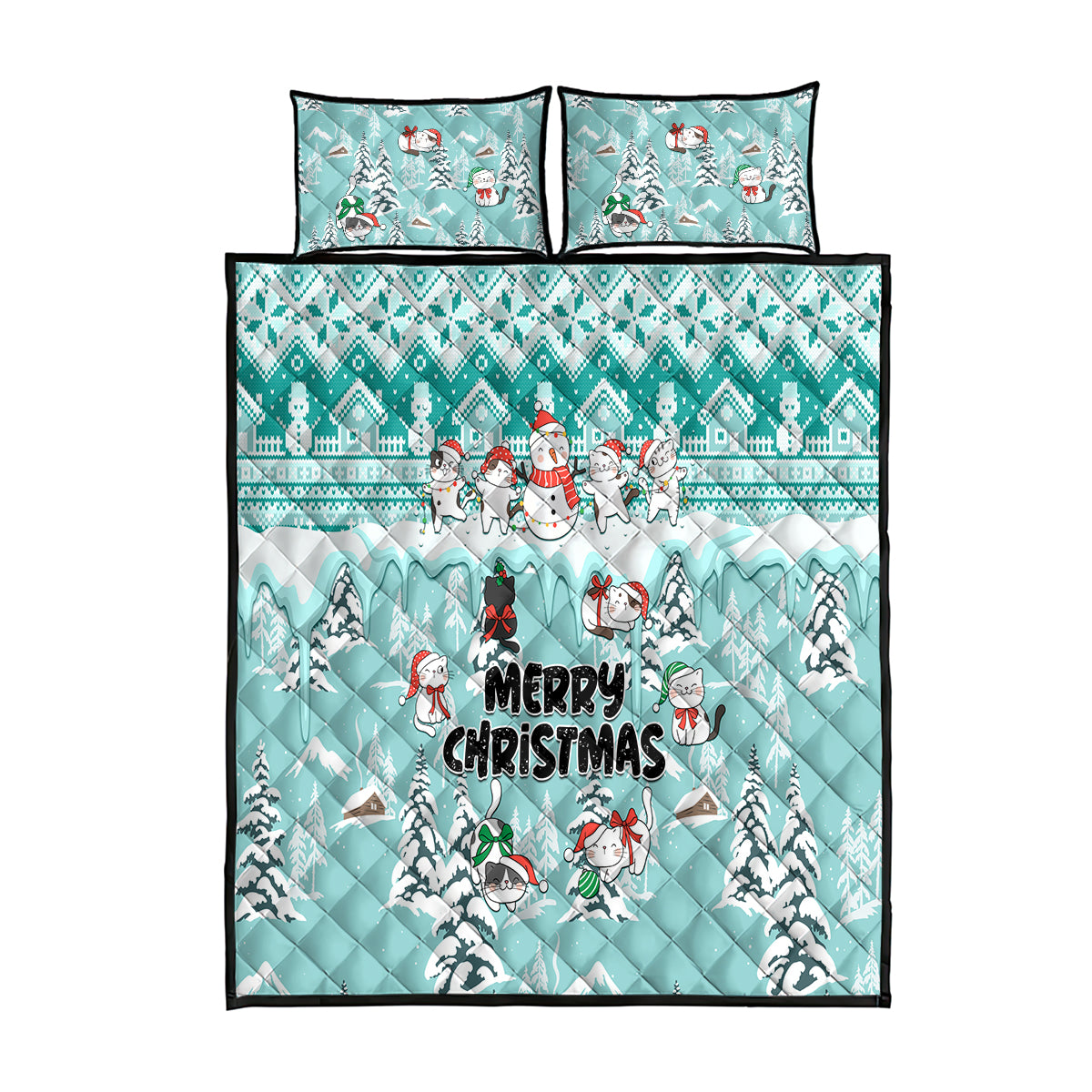 Custom Cat Christmas Quilt Bed Set Cat With Snowman In Winter Scene - Wonder Print Shop