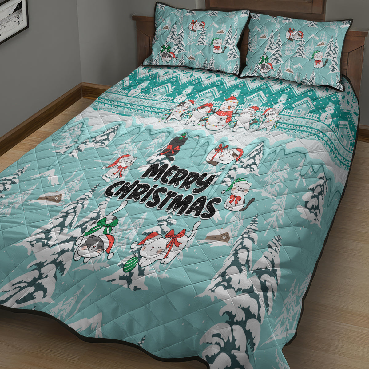 Custom Cat Christmas Quilt Bed Set Cat With Snowman In Winter Scene - Wonder Print Shop