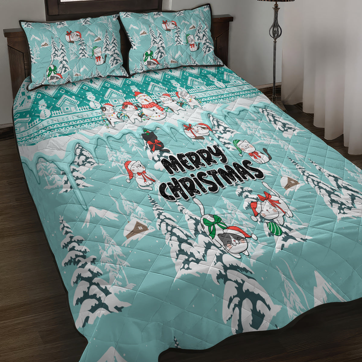 Custom Cat Christmas Quilt Bed Set Cat With Snowman In Winter Scene - Wonder Print Shop