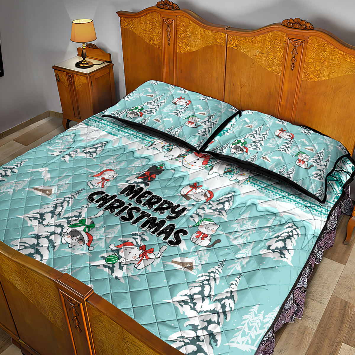 Custom Cat Christmas Quilt Bed Set Cat With Snowman In Winter Scene - Wonder Print Shop