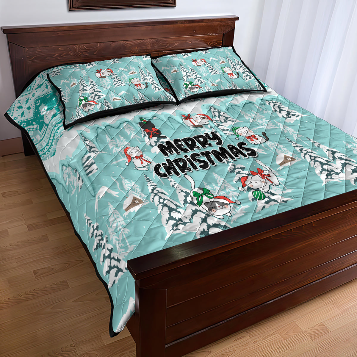 Custom Cat Christmas Quilt Bed Set Cat With Snowman In Winter Scene - Wonder Print Shop
