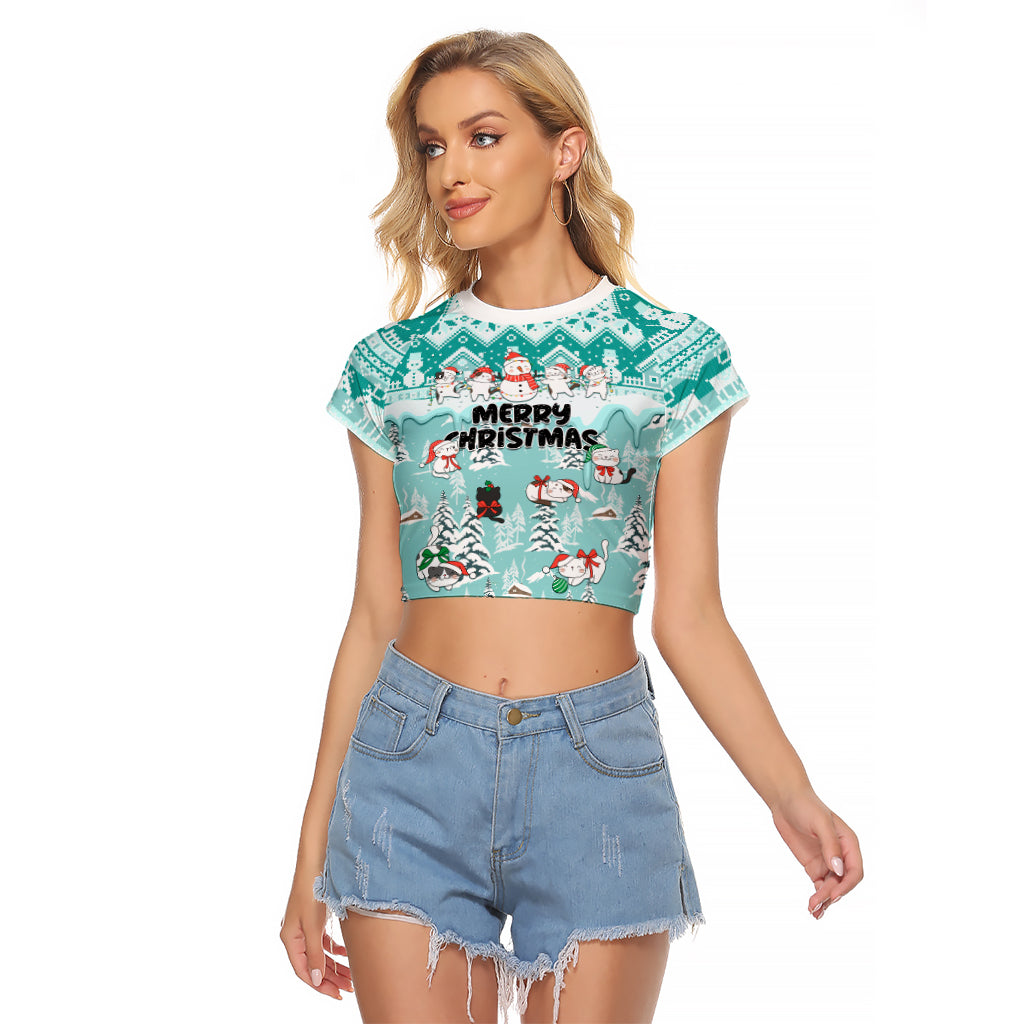 Custom Cat Christmas Raglan Cropped T Shirt Cat With Snowman In Winter Scene - Wonder Print Shop