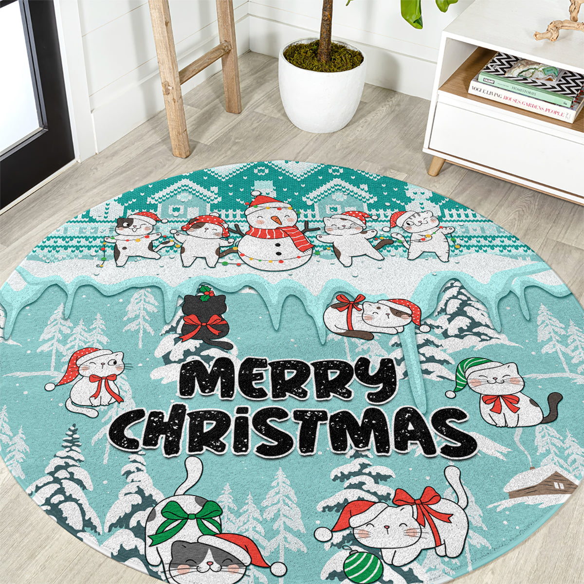 custom-cat-christmas-round-carpet-cat-with-snowman-in-winter-scene