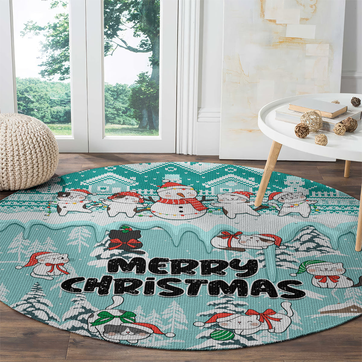 custom-cat-christmas-round-carpet-cat-with-snowman-in-winter-scene