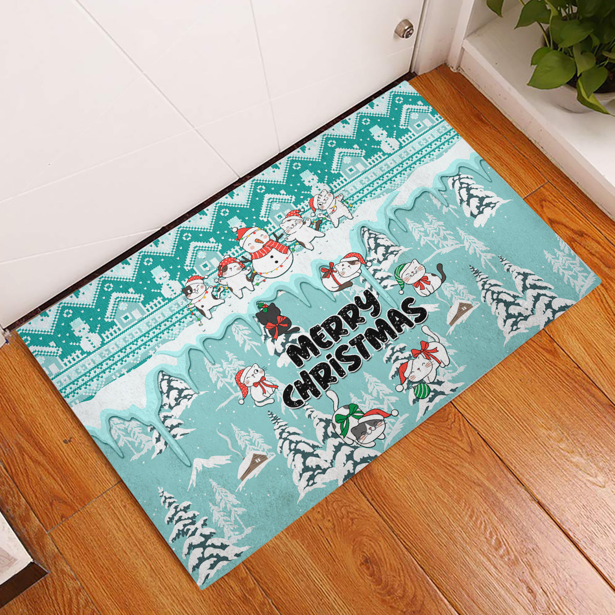 Custom Cat Christmas Rubber Doormat Cat With Snowman In Winter Scene - Wonder Print Shop