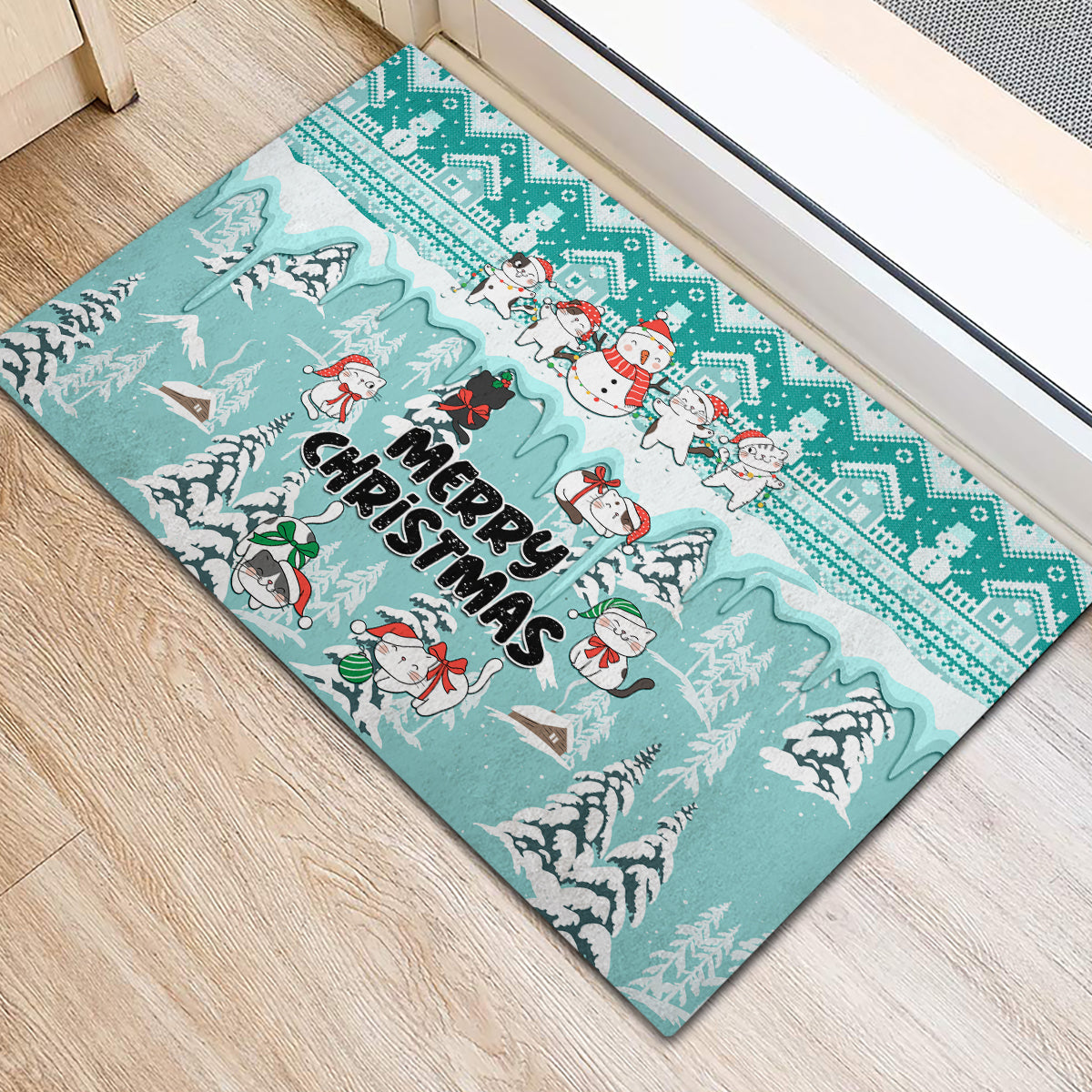 Custom Cat Christmas Rubber Doormat Cat With Snowman In Winter Scene - Wonder Print Shop