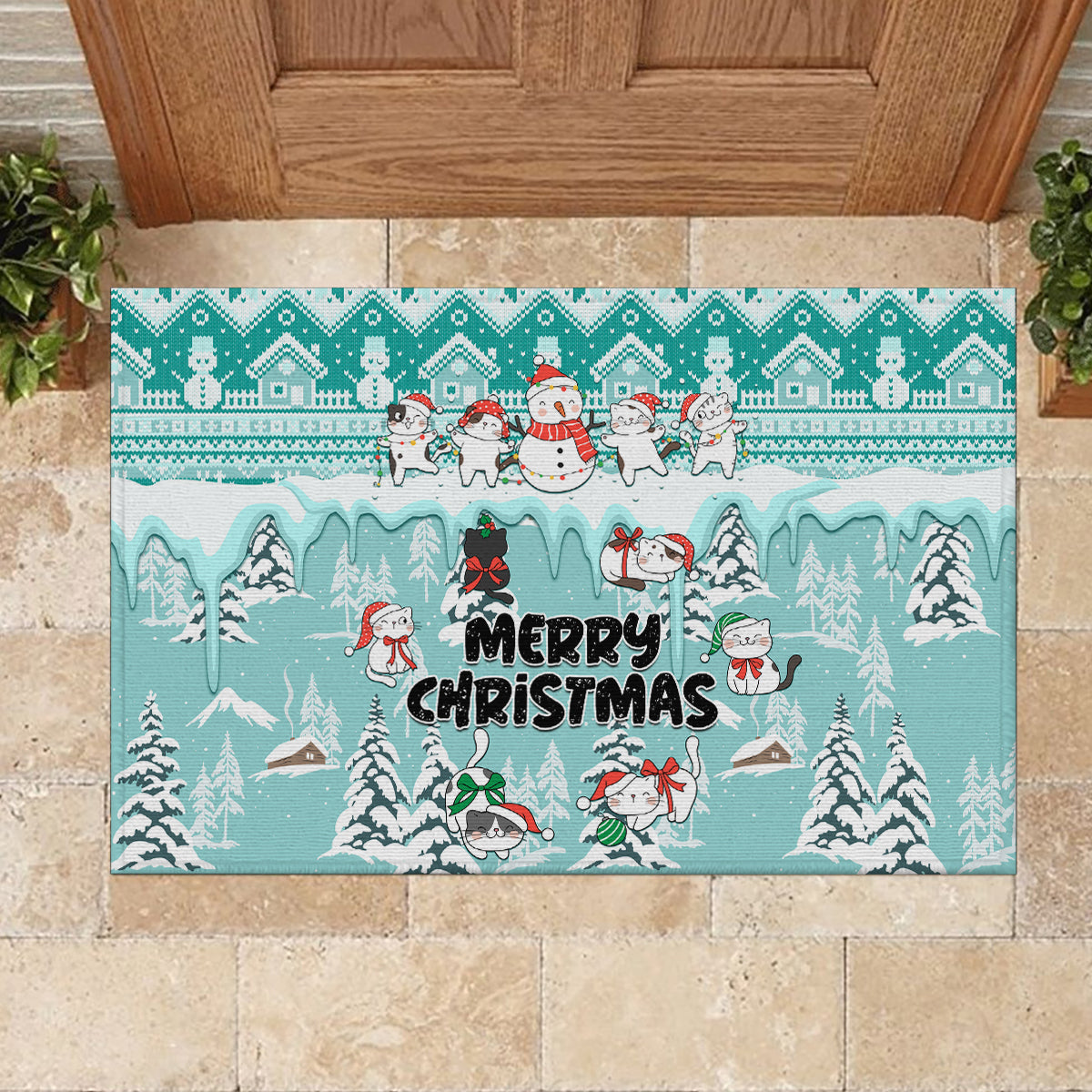 Custom Cat Christmas Rubber Doormat Cat With Snowman In Winter Scene - Wonder Print Shop