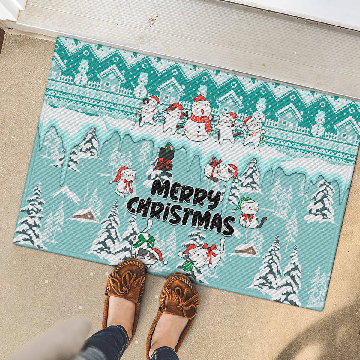 Custom Cat Christmas Rubber Doormat Cat With Snowman In Winter Scene - Wonder Print Shop