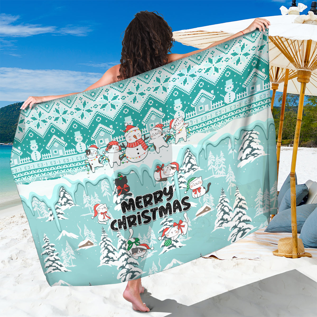 Custom Cat Christmas Sarong Cat With Snowman In Winter Scene - Wonder Print Shop
