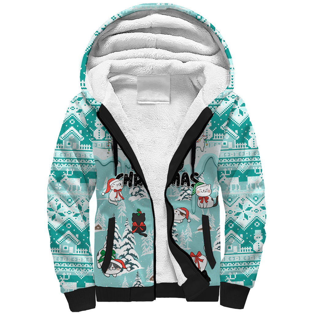 Custom Cat Christmas Sherpa Hoodie Cat With Snowman In Winter Scene - Wonder Print Shop