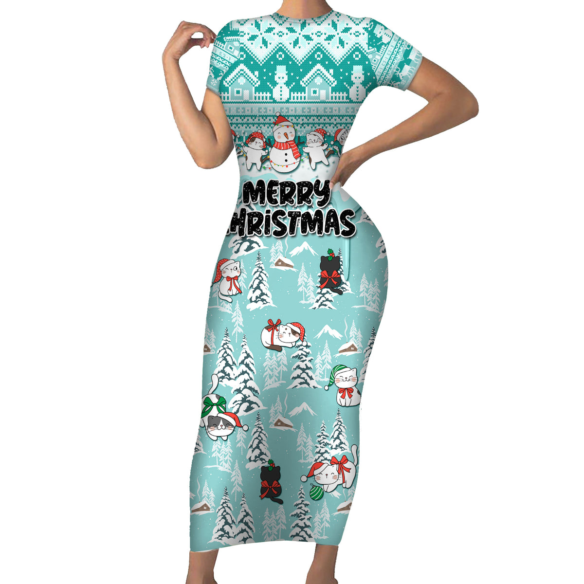 Custom Cat Christmas Short Sleeve Bodycon Dress Cat With Snowman In Winter Scene - Wonder Print Shop