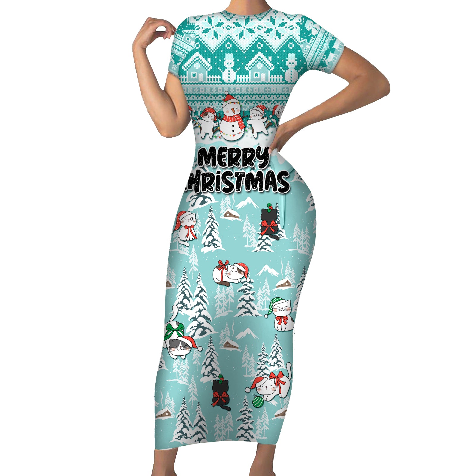 Custom Cat Christmas Short Sleeve Bodycon Dress Cat With Snowman In Winter Scene - Wonder Print Shop