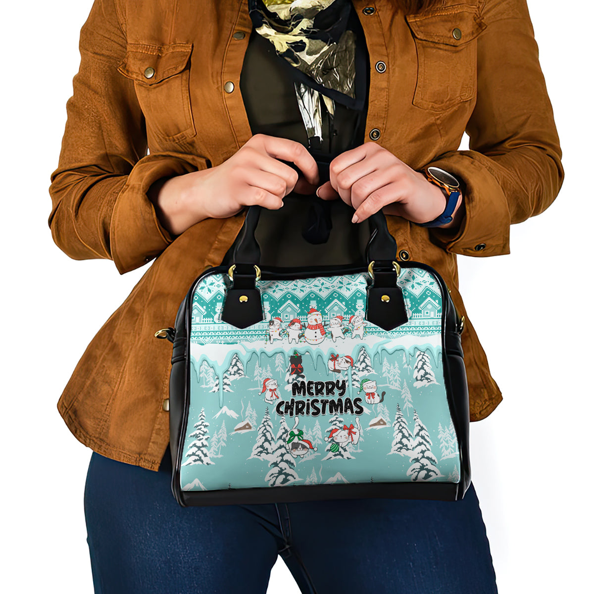 custom-cat-christmas-shoulder-handbag-cat-with-snowman-in-winter-scene