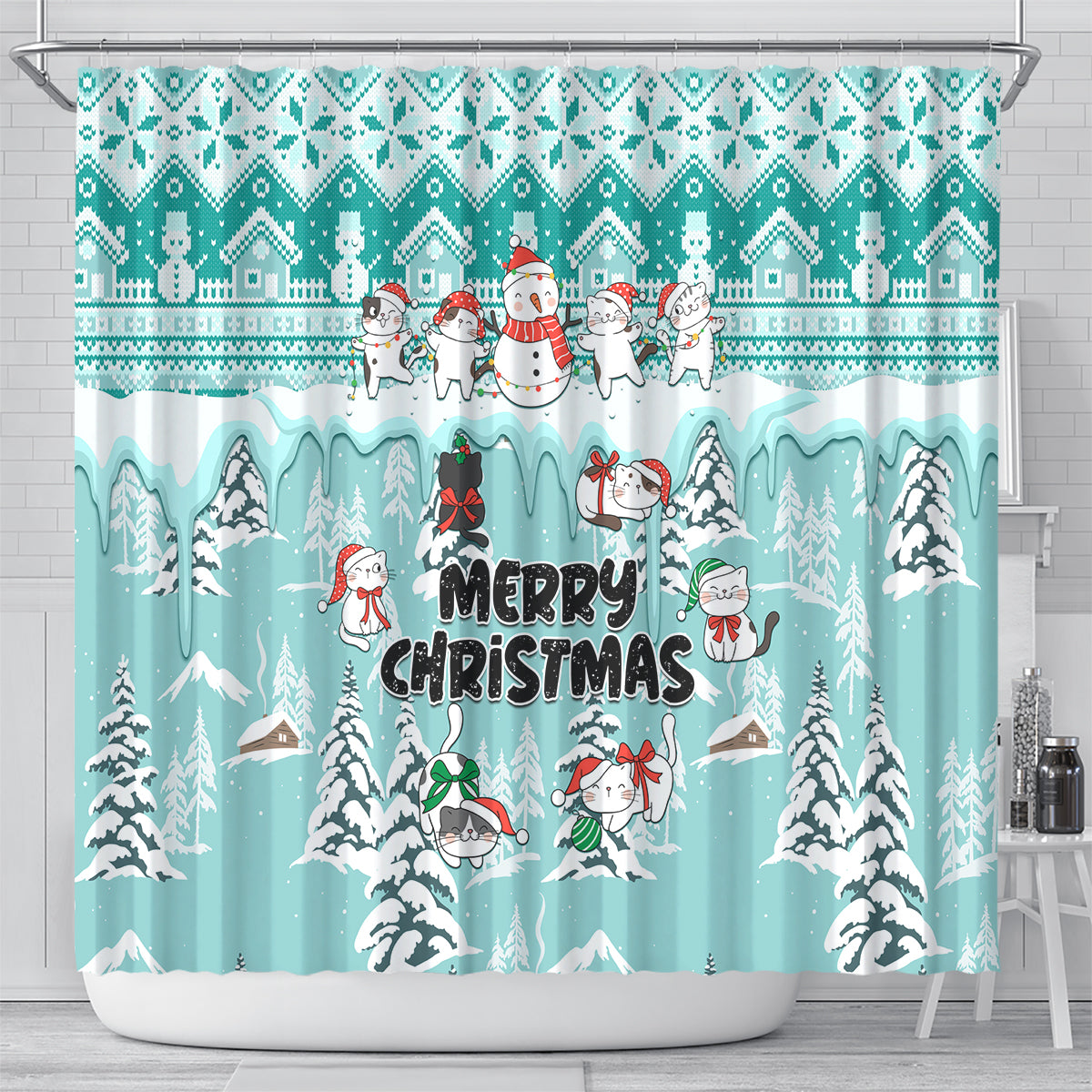 custom-cat-christmas-shower-curtain-cat-with-snowman-in-winter-scene