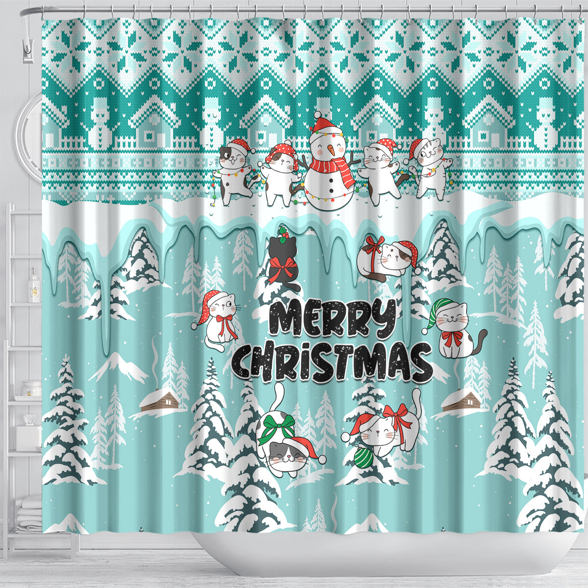 custom-cat-christmas-shower-curtain-cat-with-snowman-in-winter-scene