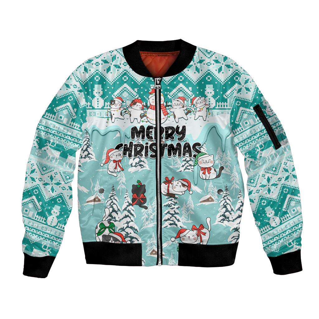 Custom Cat Christmas Sleeve Zip Bomber Jacket Cat With Snowman In Winter Scene - Wonder Print Shop