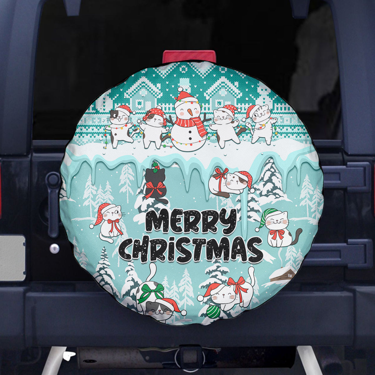 Custom Cat Christmas Spare Tire Cover Cat With Snowman In Winter Scene - Wonder Print Shop