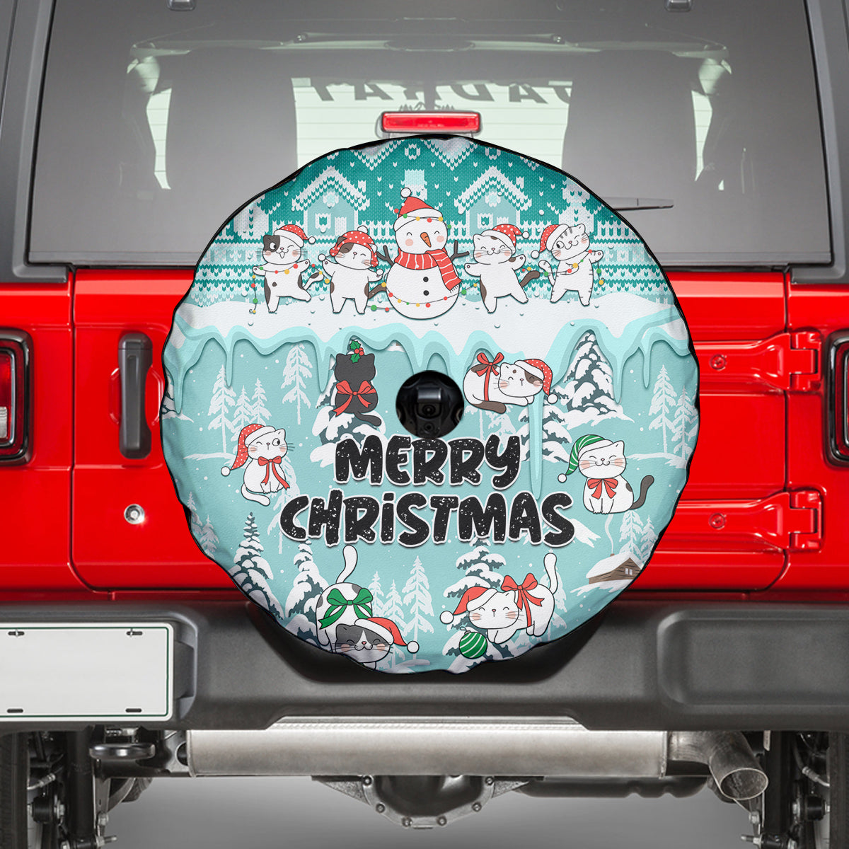 Custom Cat Christmas Spare Tire Cover Cat With Snowman In Winter Scene - Wonder Print Shop
