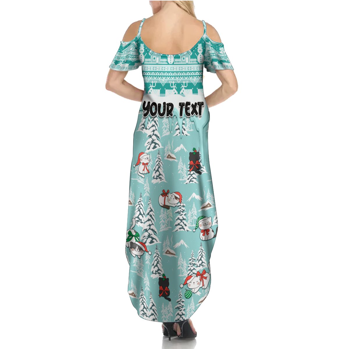 Custom Cat Christmas Summer Maxi Dress Cat With Snowman In Winter Scene - Wonder Print Shop