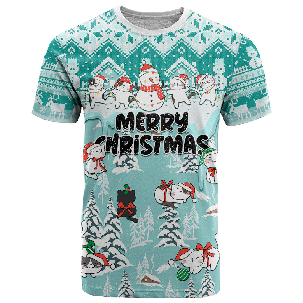Custom Cat Christmas T Shirt Cat With Snowman In Winter Scene - Wonder Print Shop