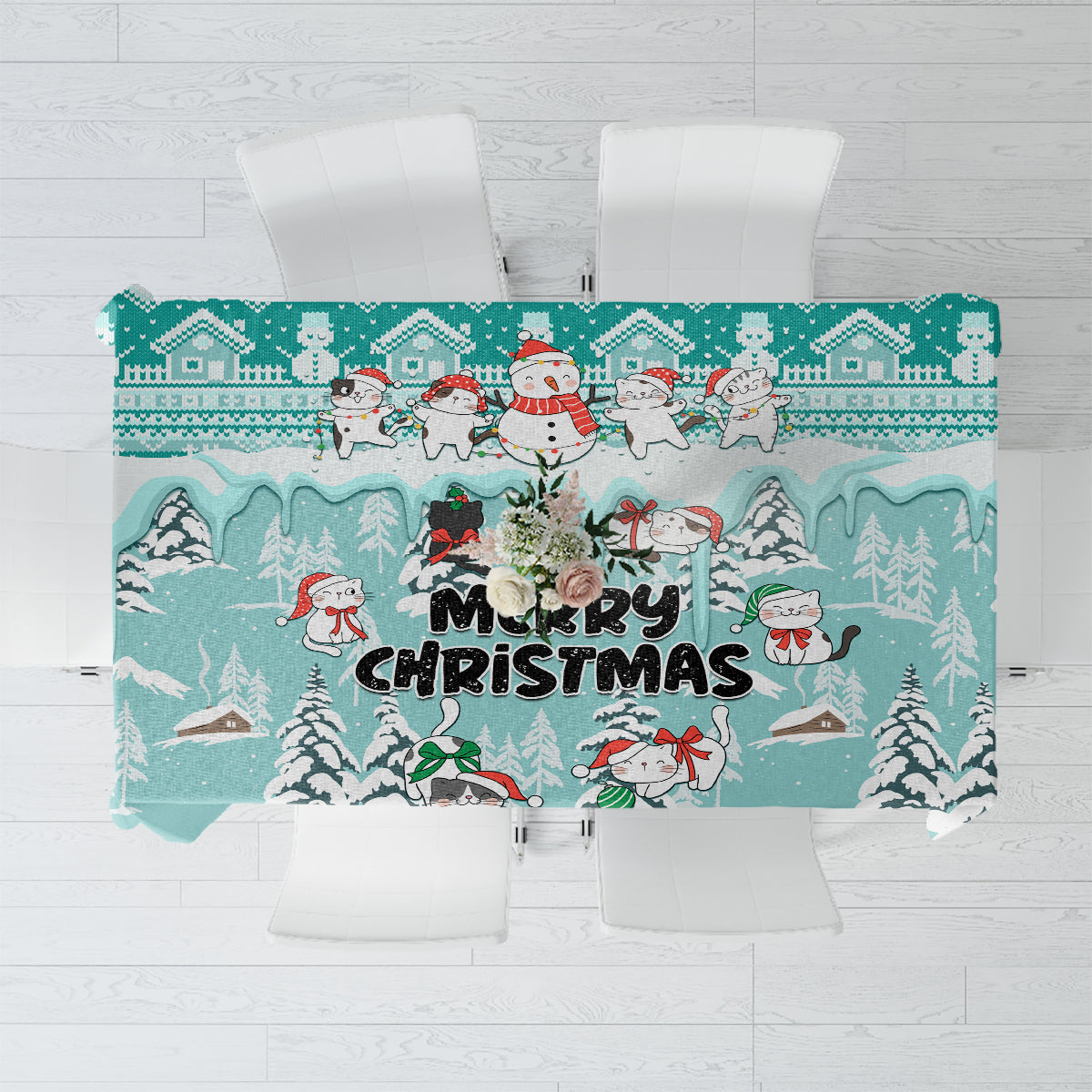 Custom Cat Christmas Tablecloth Cat With Snowman In Winter Scene - Wonder Print Shop