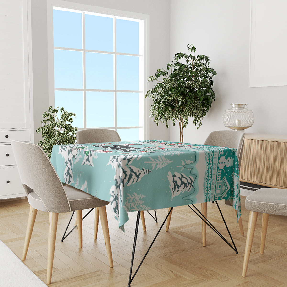 Custom Cat Christmas Tablecloth Cat With Snowman In Winter Scene - Wonder Print Shop