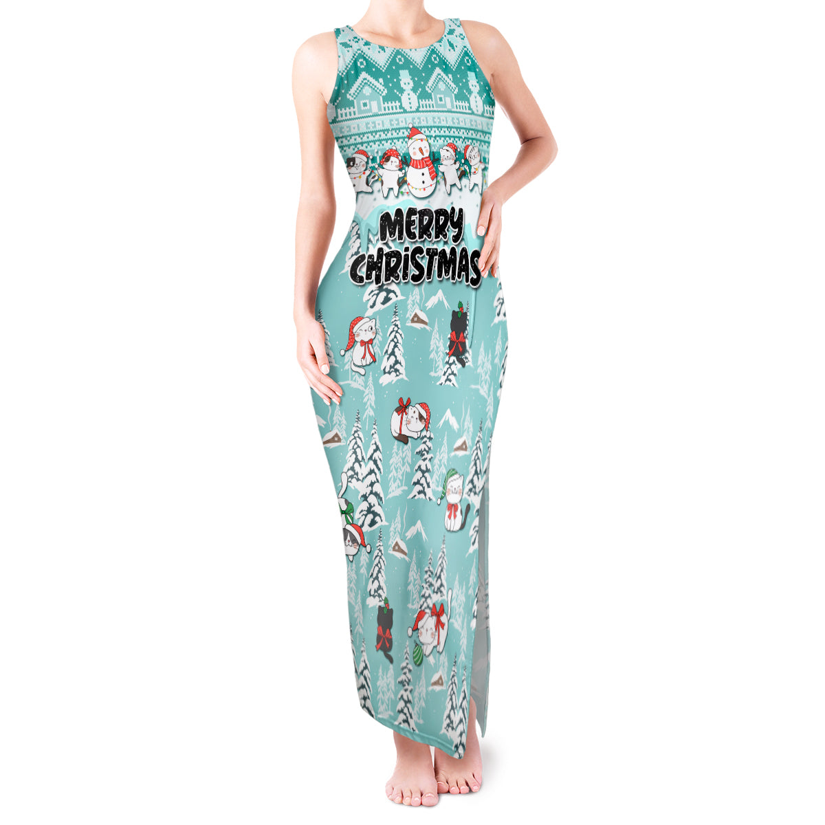 Custom Cat Christmas Tank Maxi Dress Cat With Snowman In Winter Scene - Wonder Print Shop