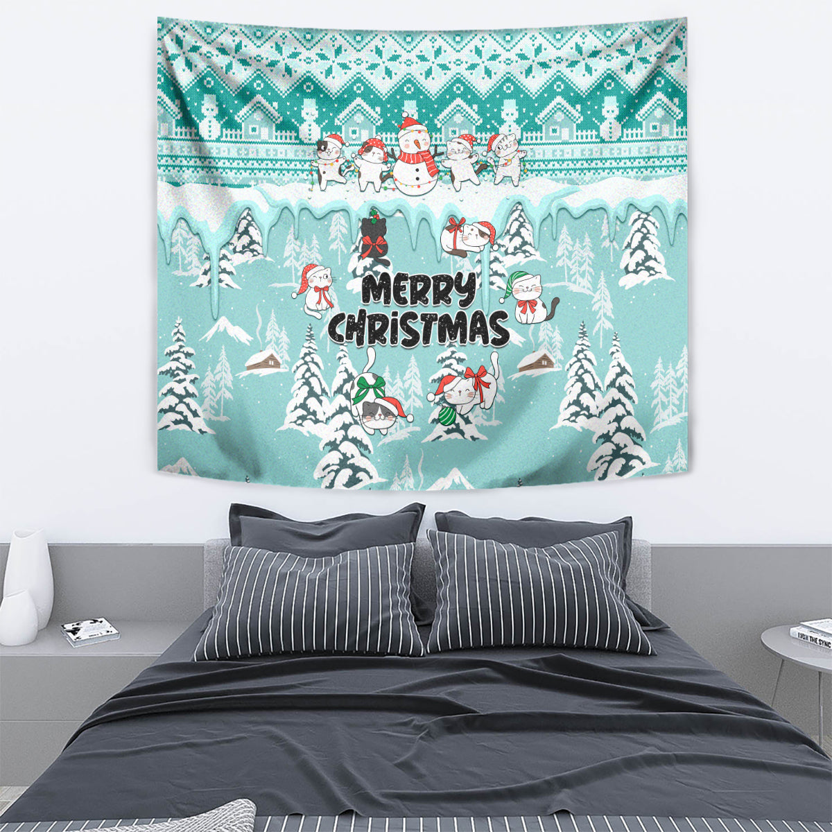 Custom Cat Christmas Tapestry Cat With Snowman In Winter Scene - Wonder Print Shop