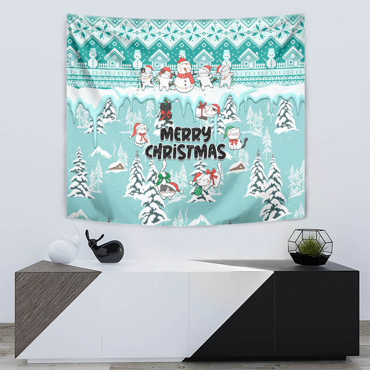 Custom Cat Christmas Tapestry Cat With Snowman In Winter Scene - Wonder Print Shop