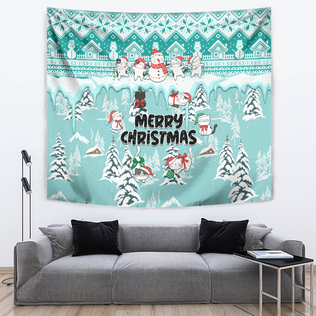 Custom Cat Christmas Tapestry Cat With Snowman In Winter Scene - Wonder Print Shop