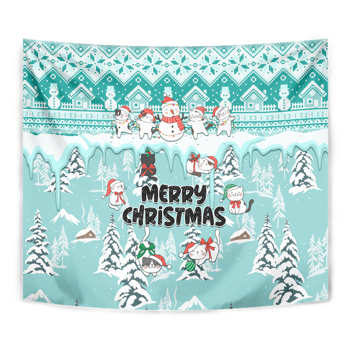 Custom Cat Christmas Tapestry Cat With Snowman In Winter Scene - Wonder Print Shop