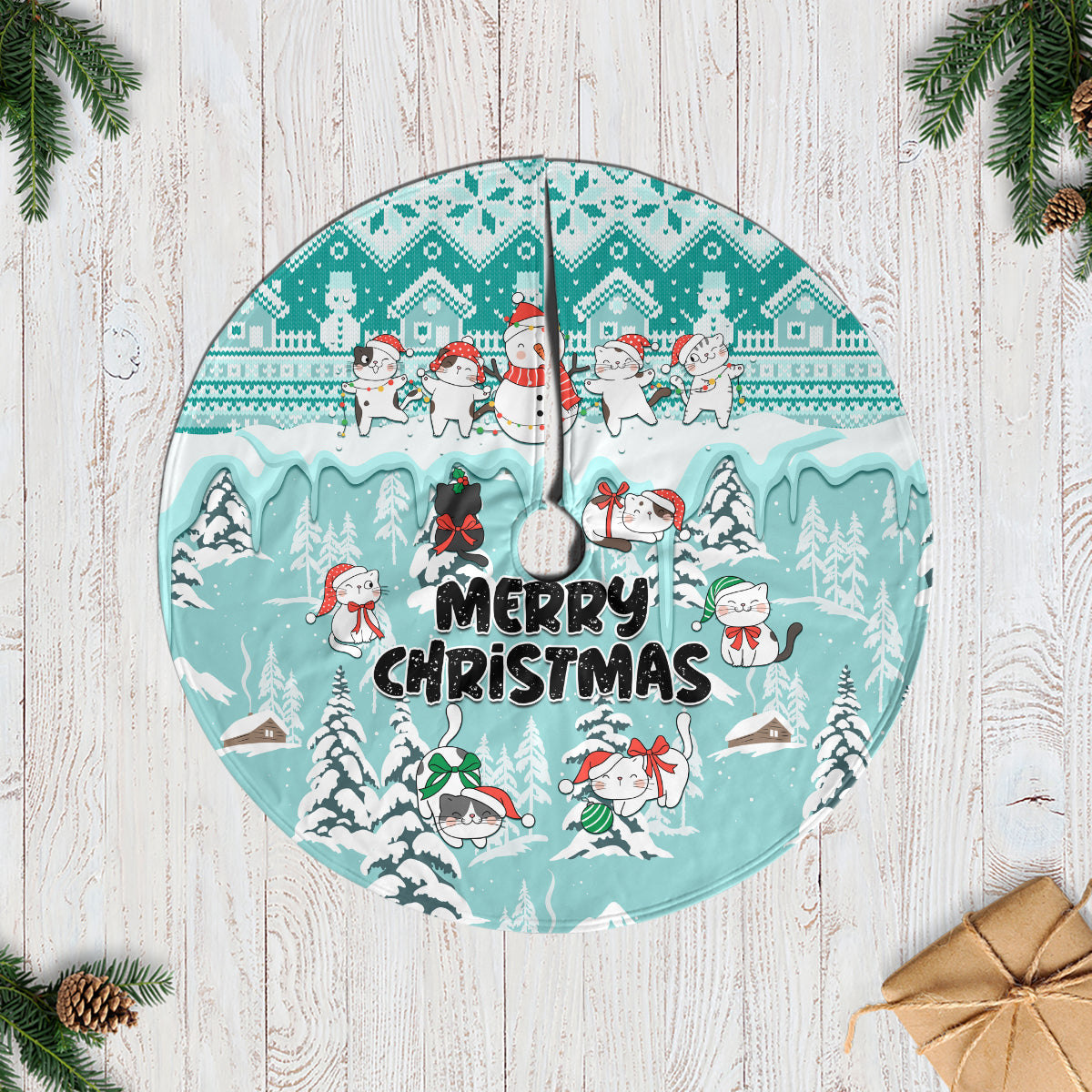 Cat Christmas Tree Skirt Cat With Snowman In Winter Scene - Wonder Print Shop