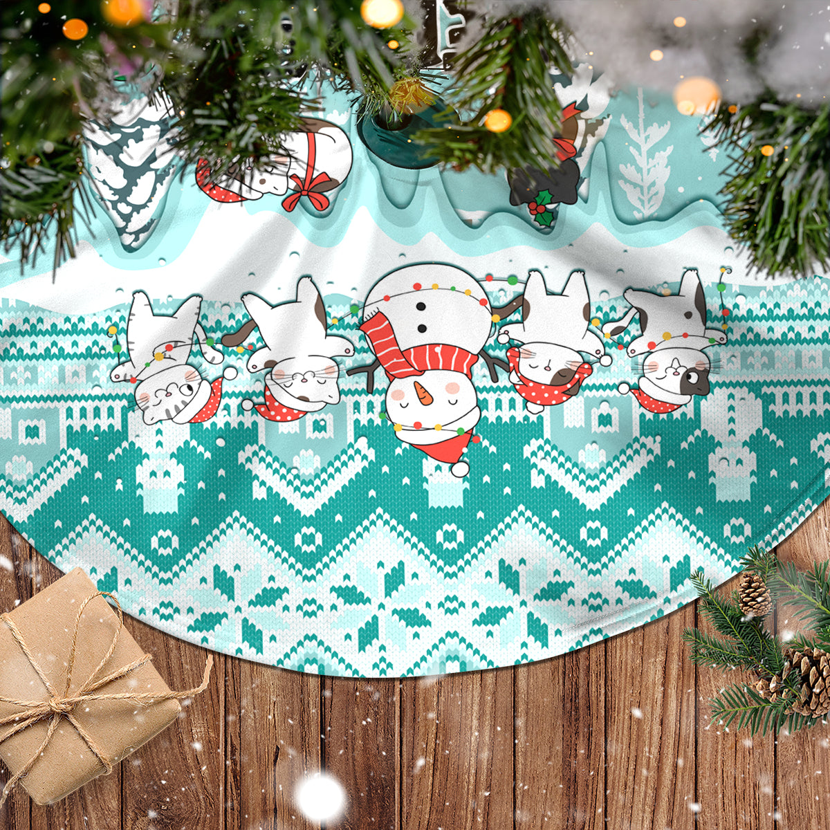 Cat Christmas Tree Skirt Cat With Snowman In Winter Scene - Wonder Print Shop