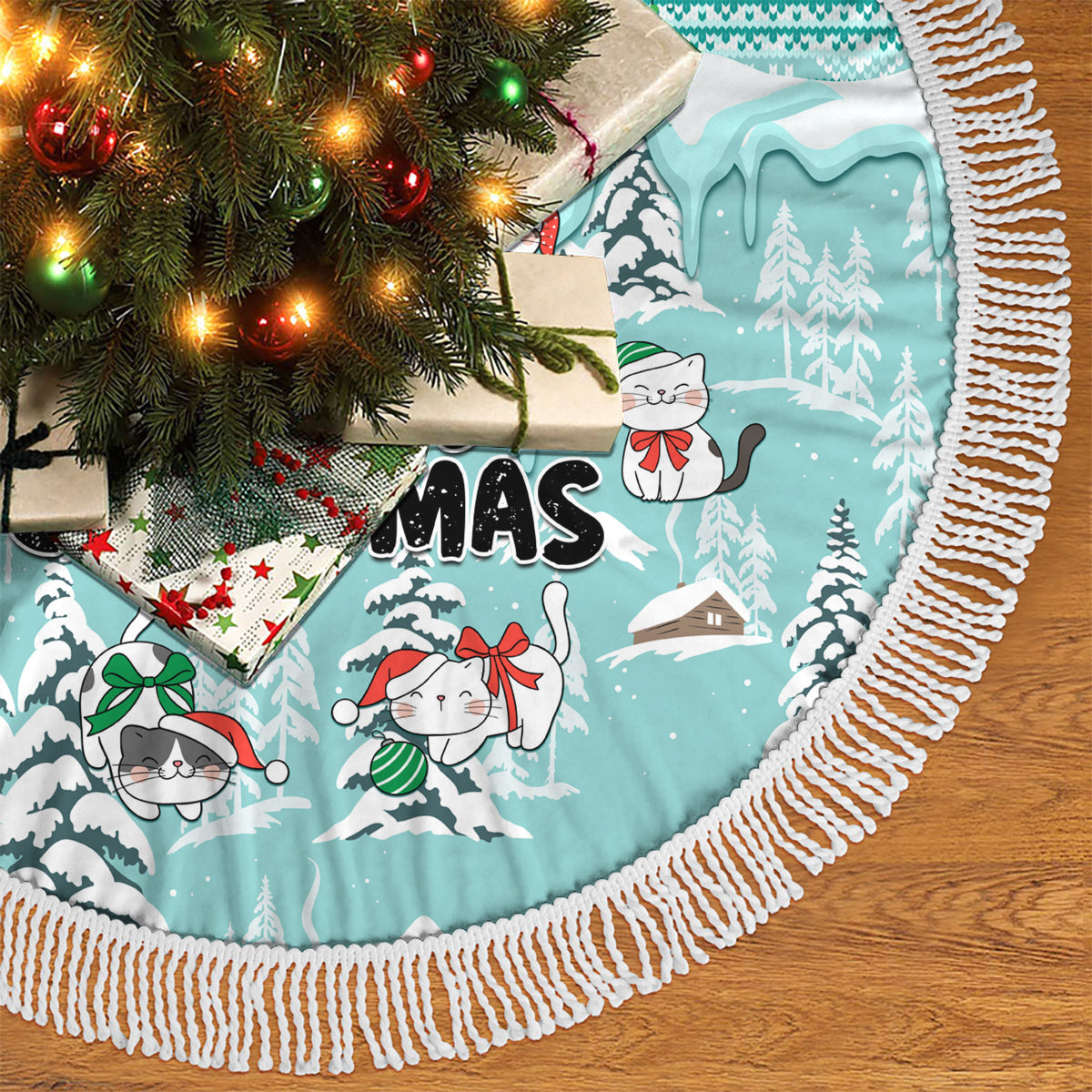 Cat Christmas Tree Skirt Cat With Snowman In Winter Scene - Wonder Print Shop