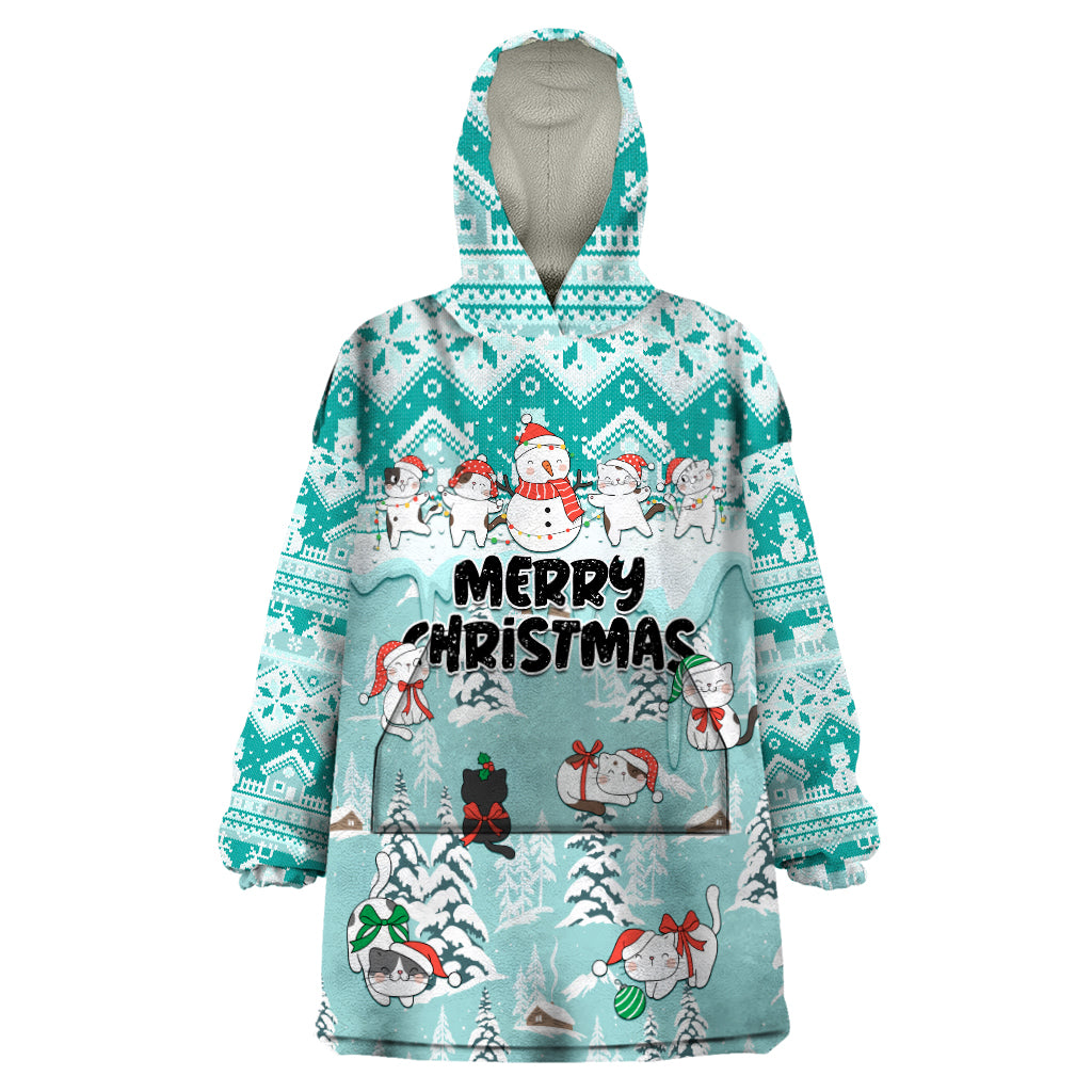 Custom Cat Christmas Wearable Blanket Hoodie Cat With Snowman In Winter Scene - Wonder Print Shop