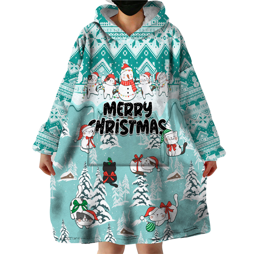 Custom Cat Christmas Wearable Blanket Hoodie Cat With Snowman In Winter Scene - Wonder Print Shop