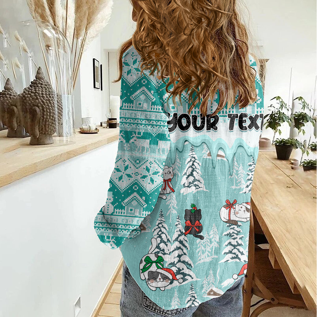 Custom Cat Christmas Women Casual Shirt Cat With Snowman In Winter Scene - Wonder Print Shop
