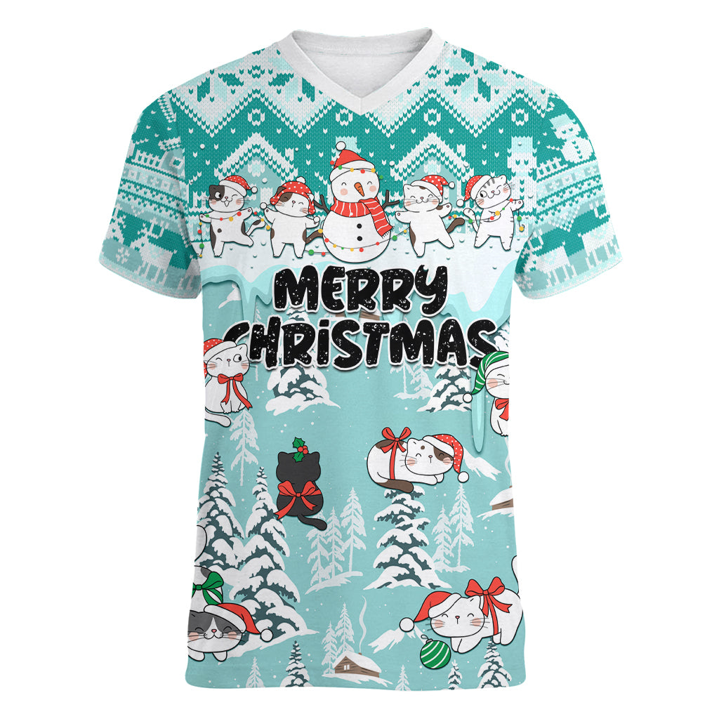 Custom Cat Christmas Women V Neck T Shirt Cat With Snowman In Winter Scene - Wonder Print Shop