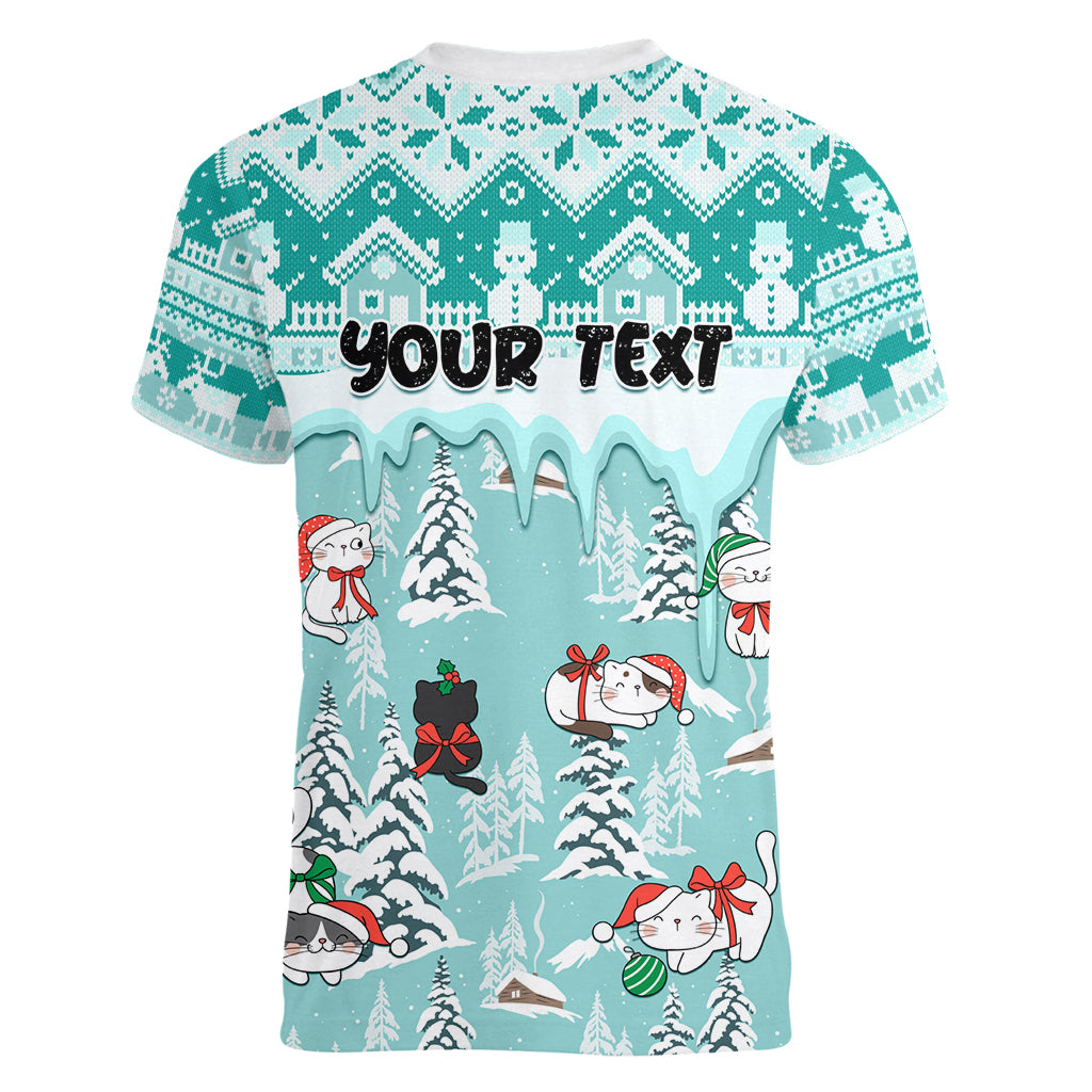Custom Cat Christmas Women V Neck T Shirt Cat With Snowman In Winter Scene - Wonder Print Shop