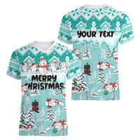 Custom Cat Christmas Women V Neck T Shirt Cat With Snowman In Winter Scene - Wonder Print Shop