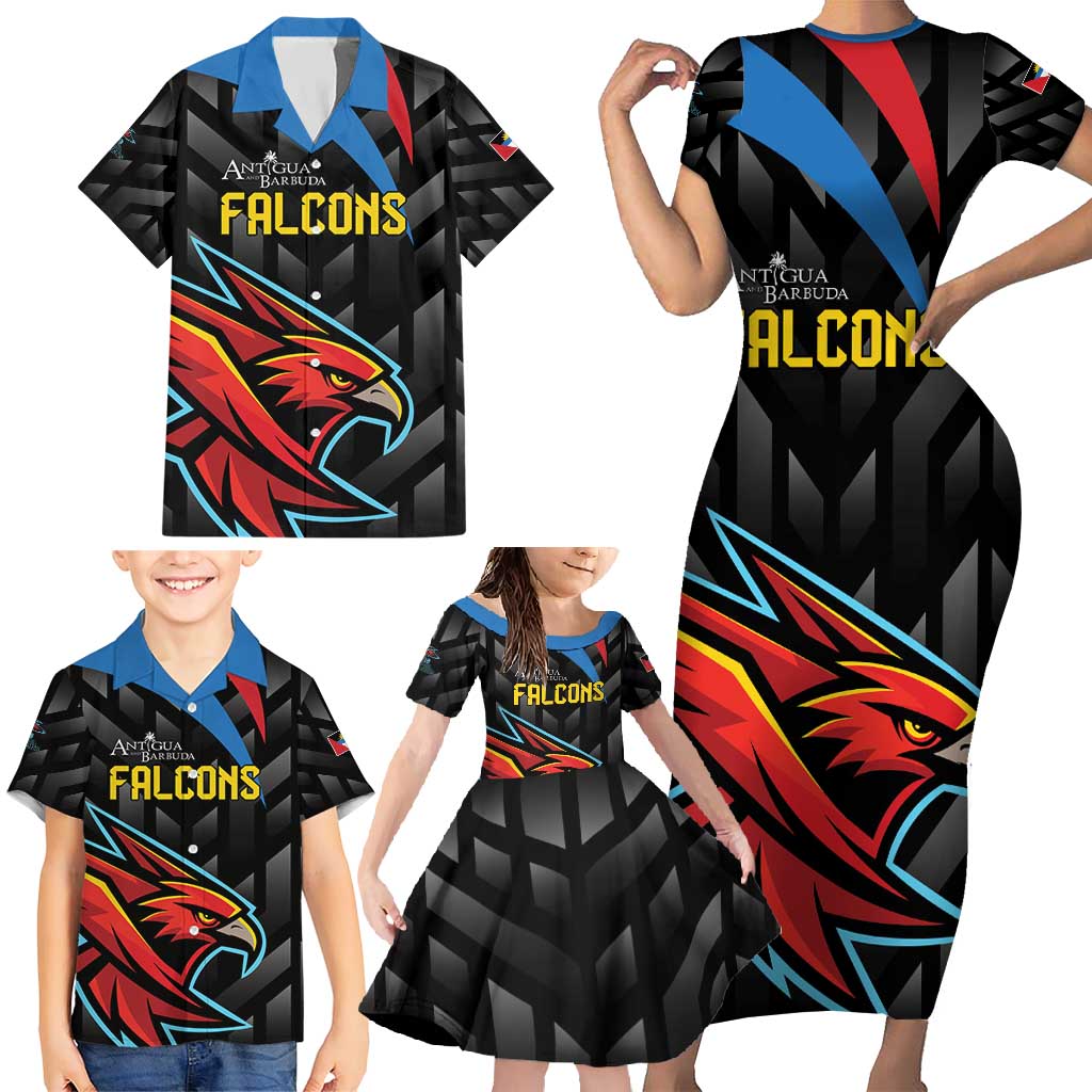 Custom Antigua and Barbuda Cricket Family Matching Short Sleeve Bodycon Dress and Hawaiian Shirt Falcons Flying High - Wonder Print Shop