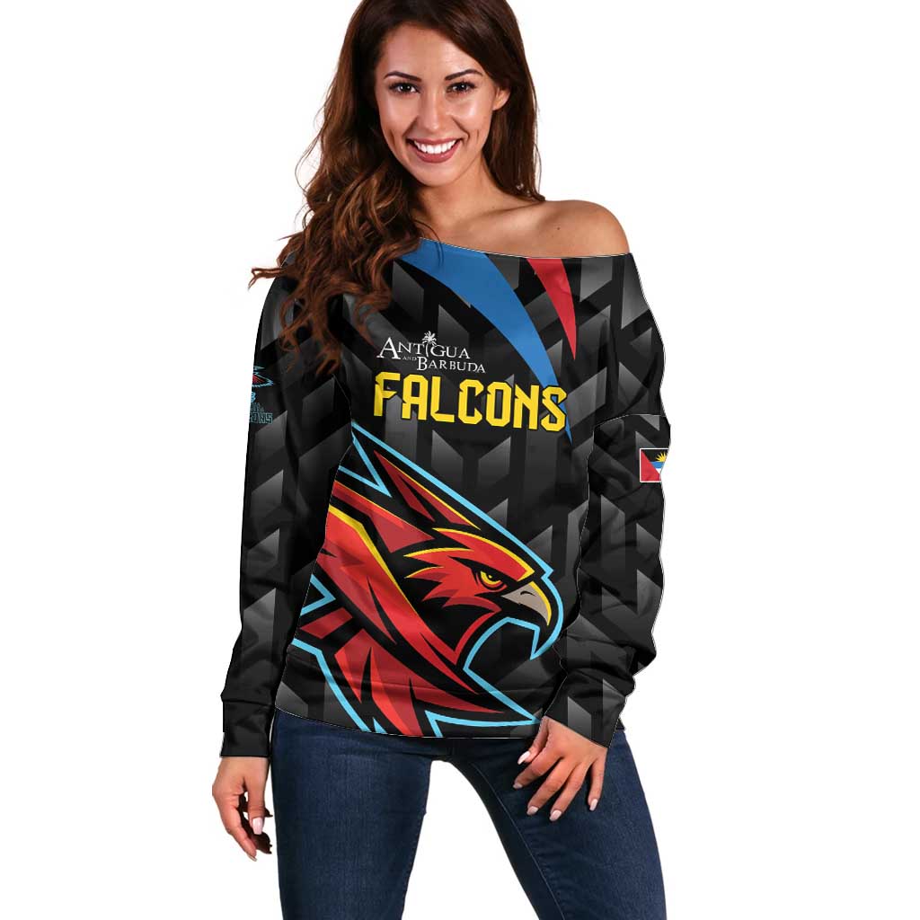 Custom Antigua and Barbuda Cricket Off Shoulder Sweater Falcons Flying High - Wonder Print Shop