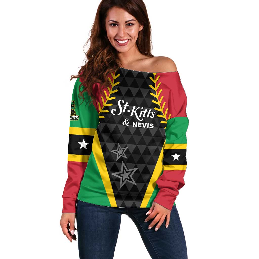 Custom Saint Kitts and Nevis Cricket Patriots Off Shoulder Sweater St Kitts Nevis in Our Blood - Wonder Print Shop