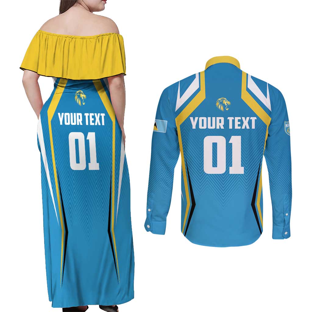 Custom Saint Lucia Cricket Couples Matching Off Shoulder Maxi Dress and Long Sleeve Button Shirt St Lucia Stars Champions 2024 - Wonder Print Shop