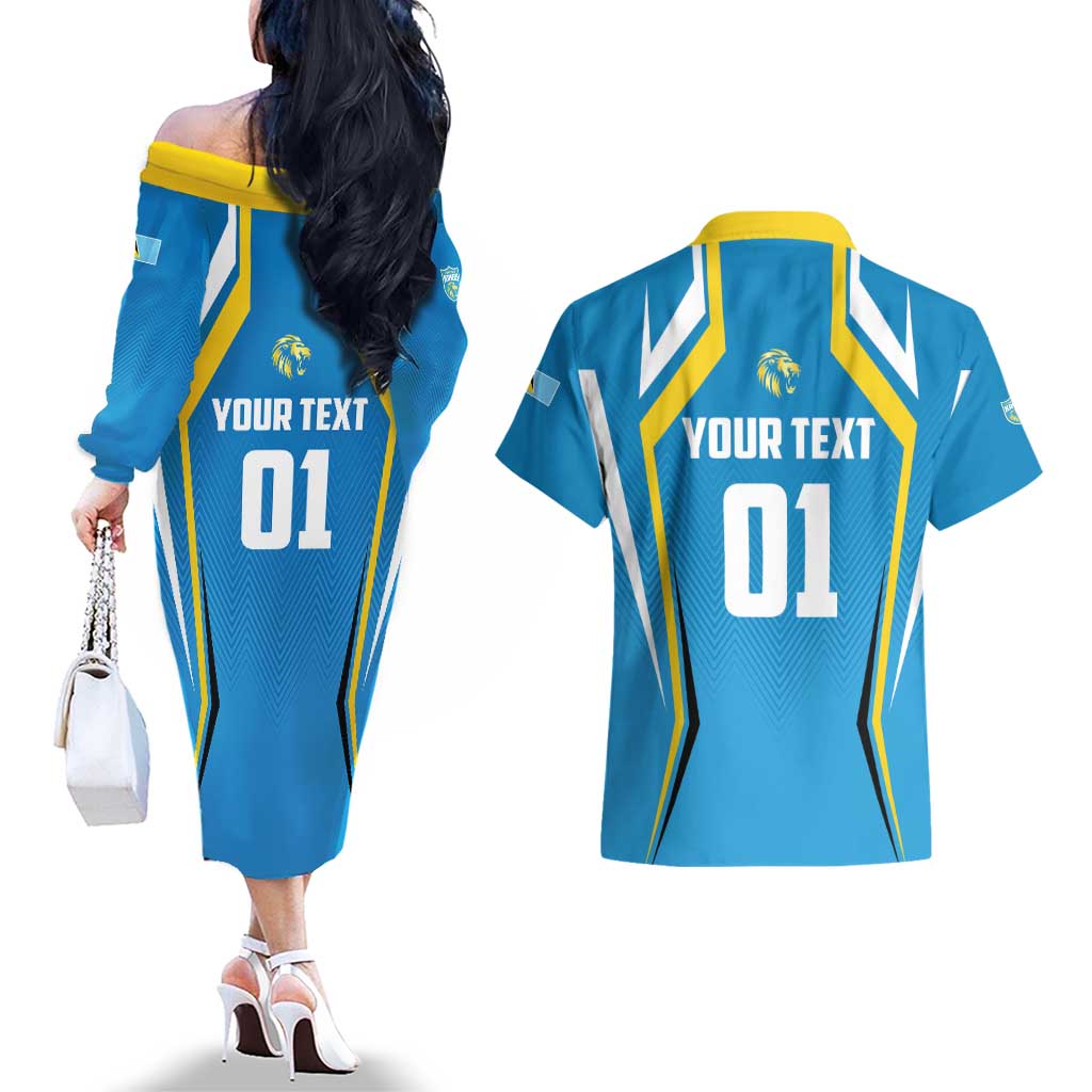 Custom Saint Lucia Cricket Couples Matching Off The Shoulder Long Sleeve Dress and Hawaiian Shirt St Lucia Stars Champions 2024 - Wonder Print Shop